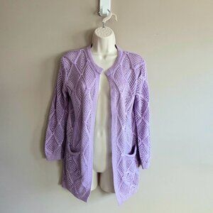 Wachi Open knit cardigan in lavender color.